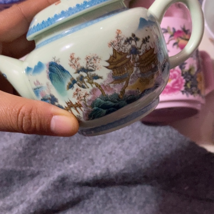 摆件陶绿稀土青绿山水茶壶