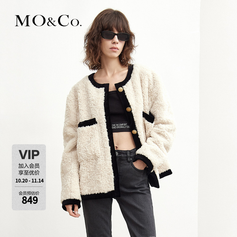 MOCO秋冬仿羊羔绒大口袋拼接金扣圆领宽松时尚短外套MBB3COTT01