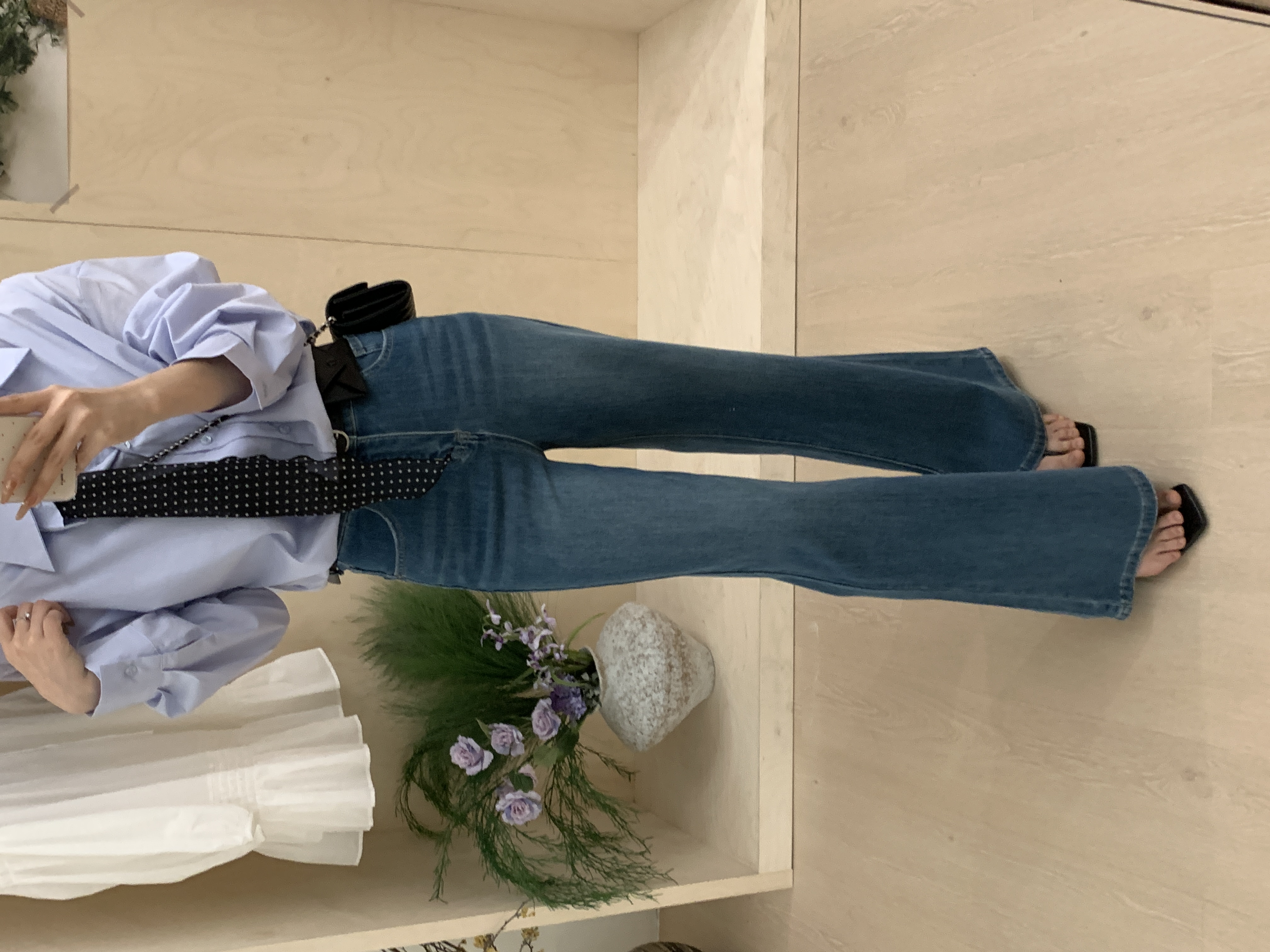 『李木木』春款上新~~四面弹高腰直筒微喇裤  3533