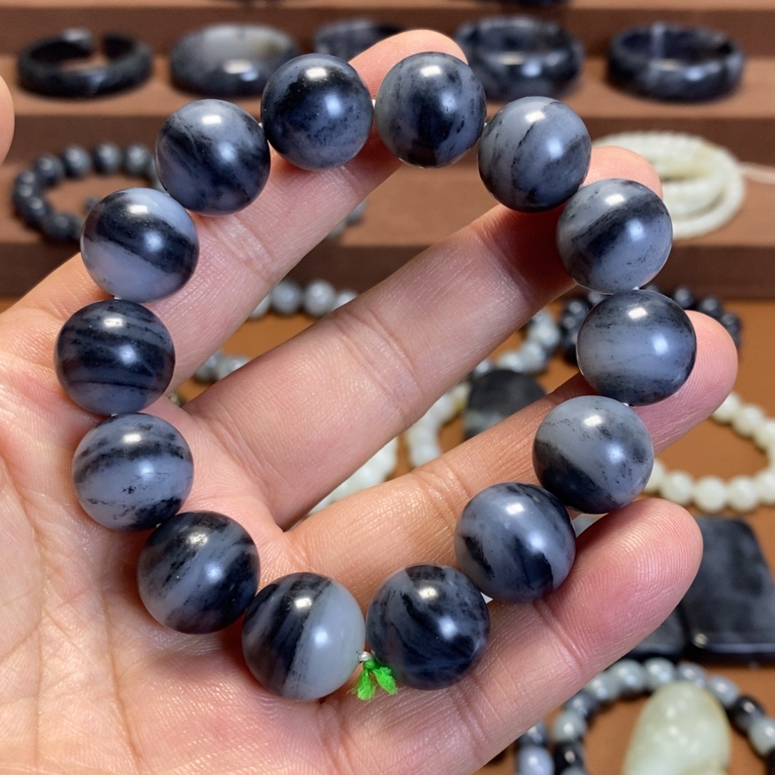 和田玉未镶嵌手串新疆和田玉青花水墨意境16圆珠手串