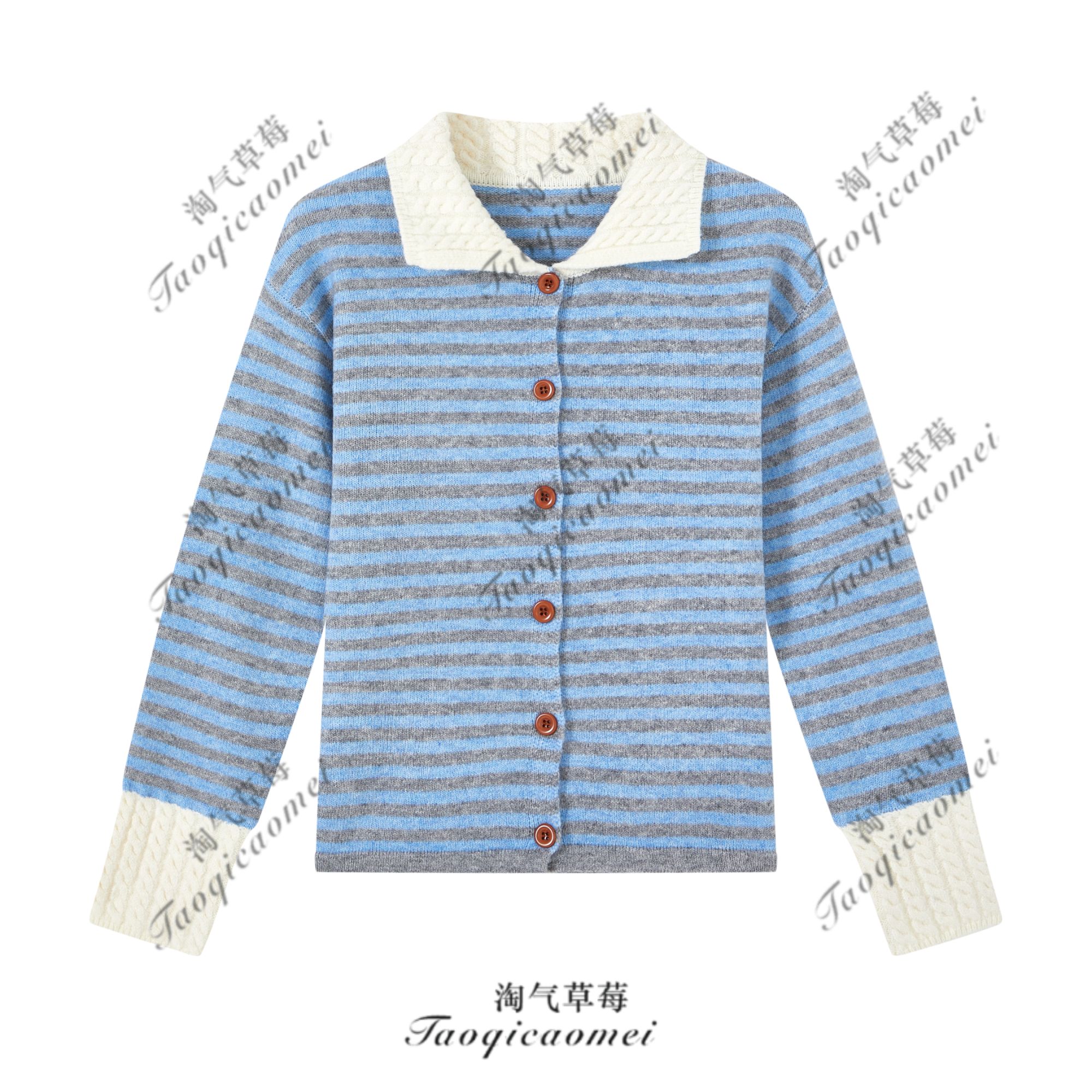 Taoqicaomei · 韩系撞色条纹翻领毛衣外套秋冬软糯针织开衫
