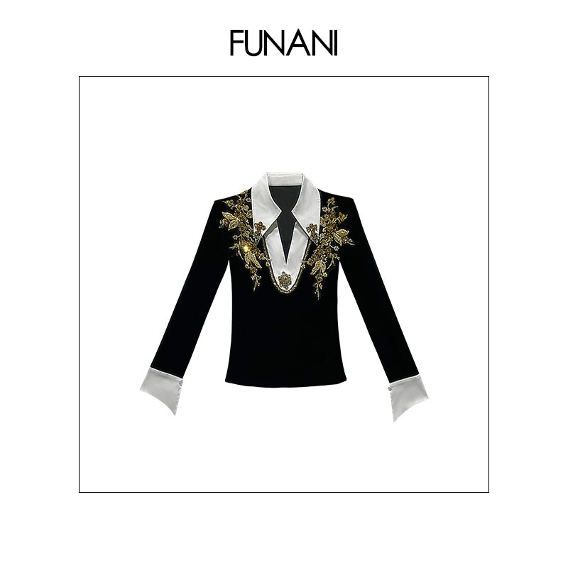 【FUNANI】polo领衬衫时尚拼接重工v领小个子女装气质上衣X2530874A