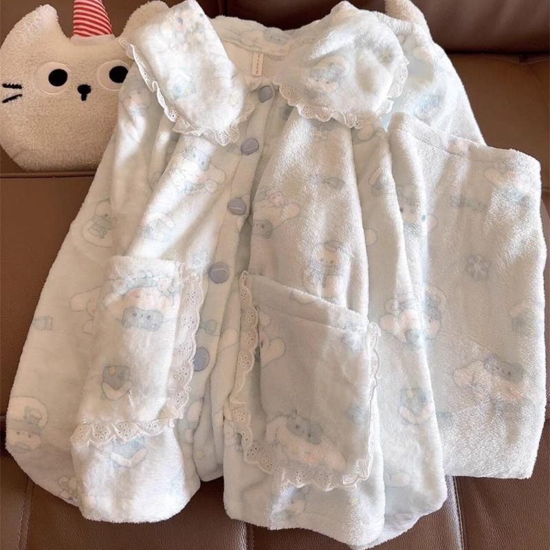 法兰绒睡衣奶呼呼ins玉桂狗女秋冬季娃娃领加绒加厚家居服两件套