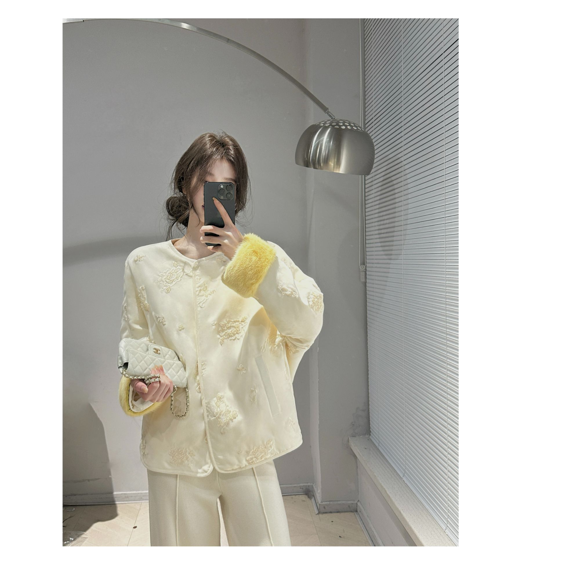 LILYLIKES 钉珠填充100桑蚕丝新国风刺绣水貂毛袖毛外套