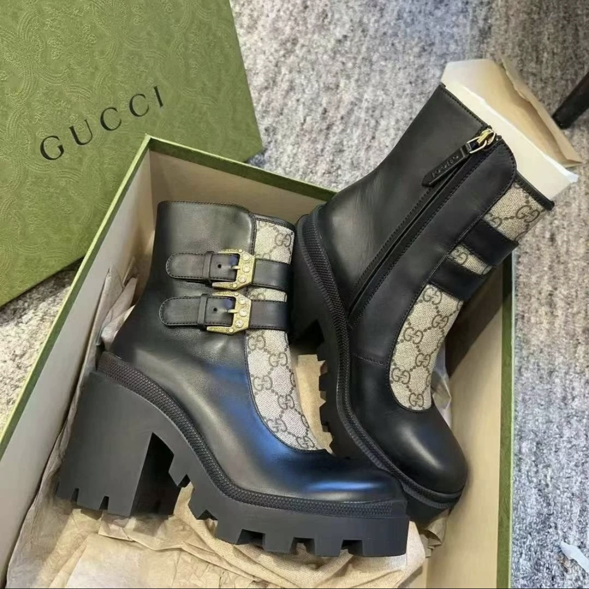 未使用 GUCCI/古驰 全新女鞋 黑色老花腰带镶钻高跟中筒靴 多尺码