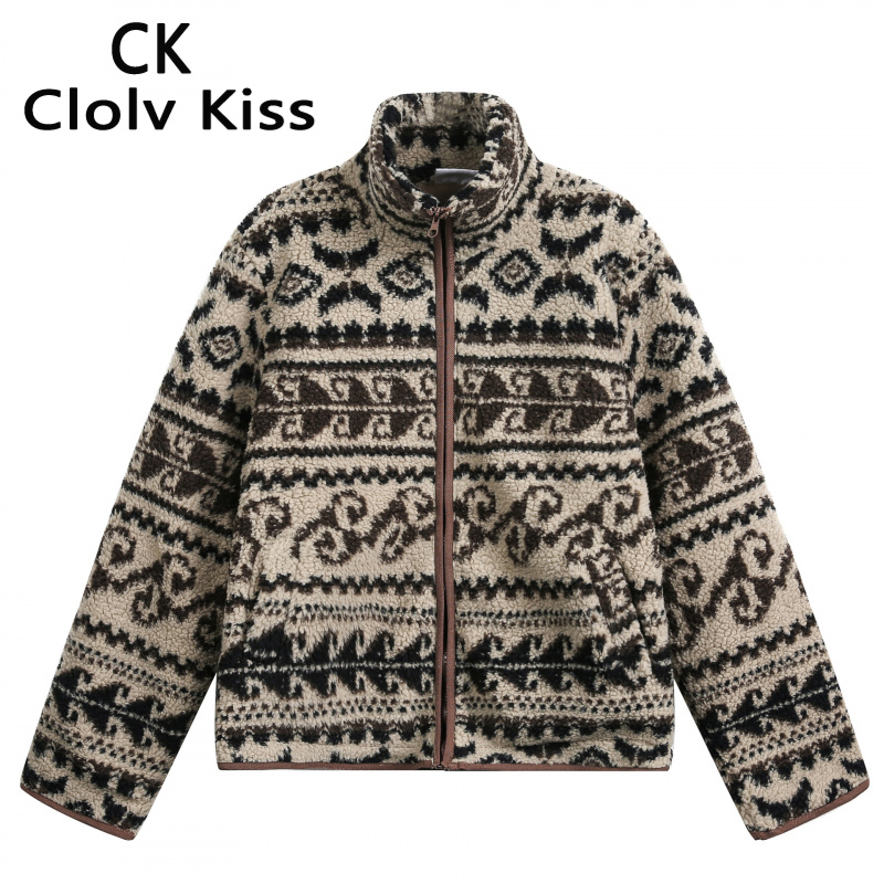 Clolv&Kiss小CK日系复古民族风羊羔毛立领夹克男女宽松费尔岛加摇