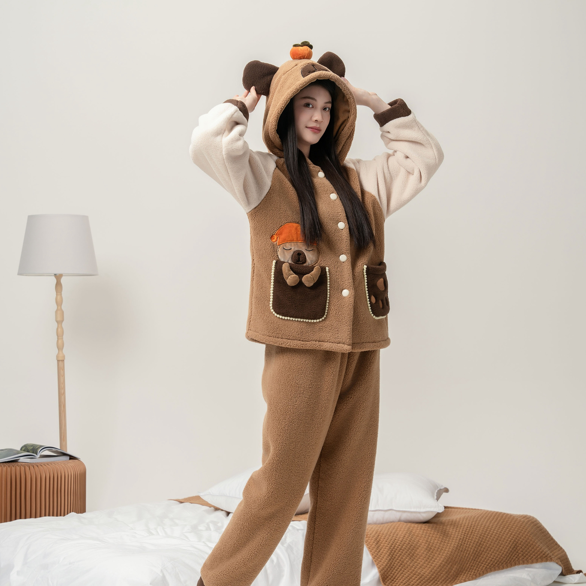 【三合竹衣】咏竹长袖连帽家居服套装冬天情侣睡衣保暖冬款加绒加厚