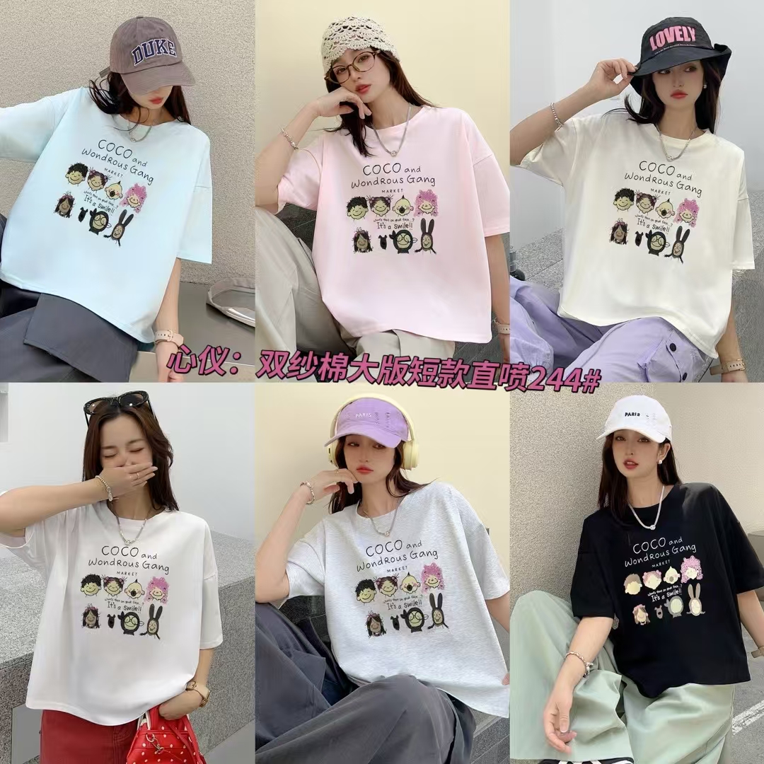 《直播间为主》宽松型T恤通勤风卡通动漫常规短袖印花渐变吸汗