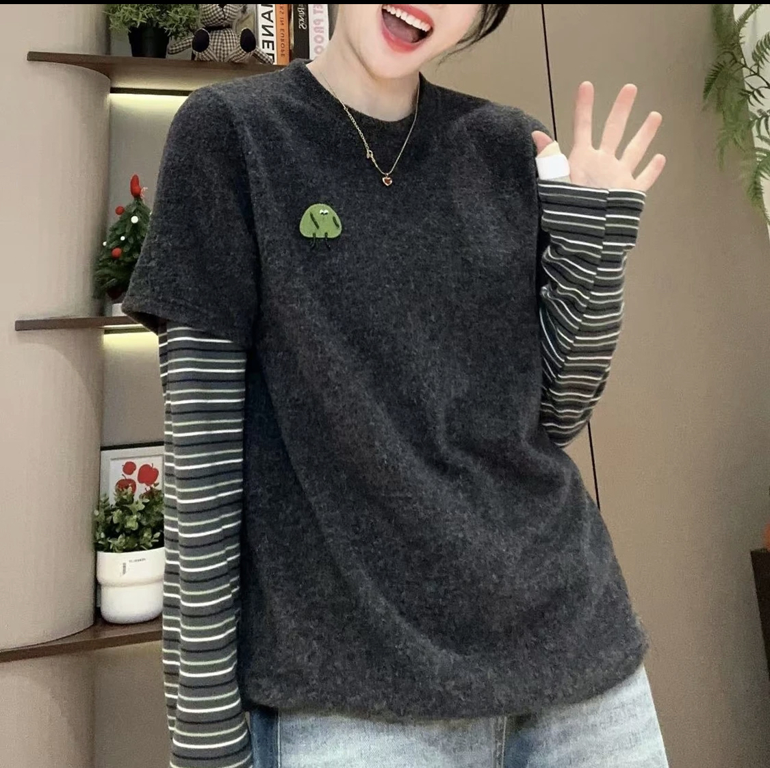  松弛 立体小怪兽兔毛绒假俩件长袖T恤