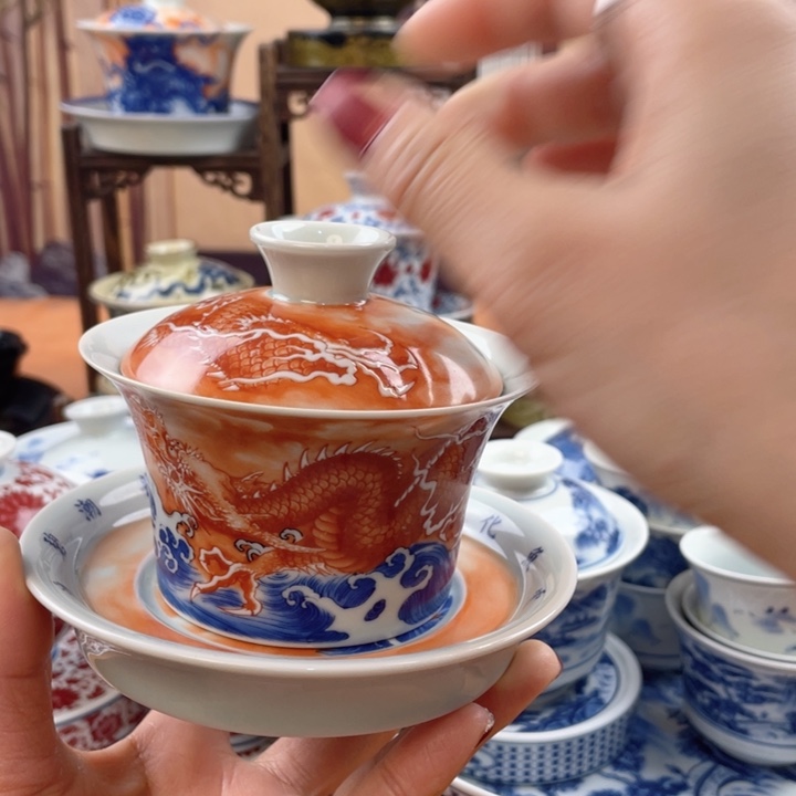 陶摆件鱼化龙马蹄盖碗