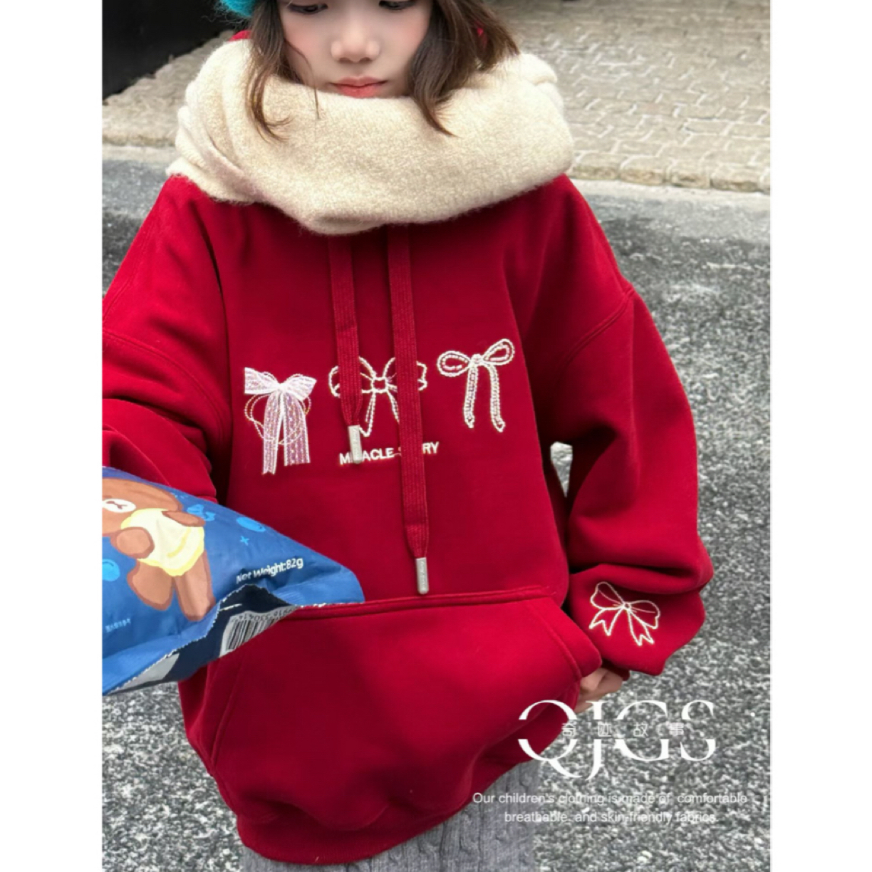 【加绒】韩版女童中大童冬季卡通连帽加厚卫衣新年装打底上衣