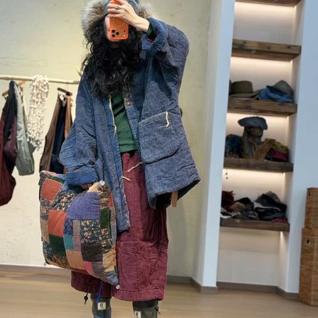 衣牧了然25527A多拼色织亚麻和尚领大棉衣 灰蓝复古文艺棉服外套