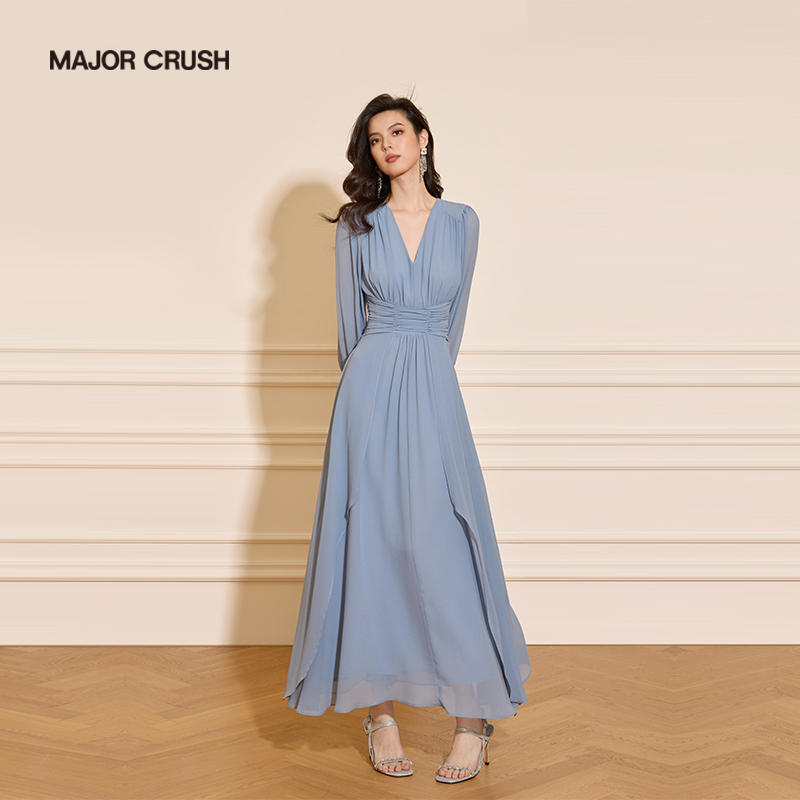 MAJOR CRUSH早秋新款优雅时尚显瘦蓝色收腰连衣裙显瘦连衣裙6678