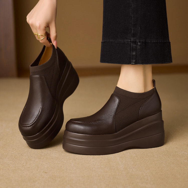 羊皮 跟高8cm 34-39小个子春秋英伦风复古百搭厚底深口单鞋坡跟