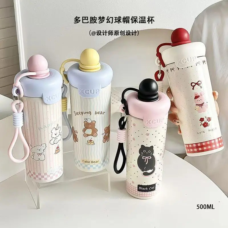 新款多巴胺配色卡通不锈钢保温杯女生高颜值咖啡杯大容量吸管杯