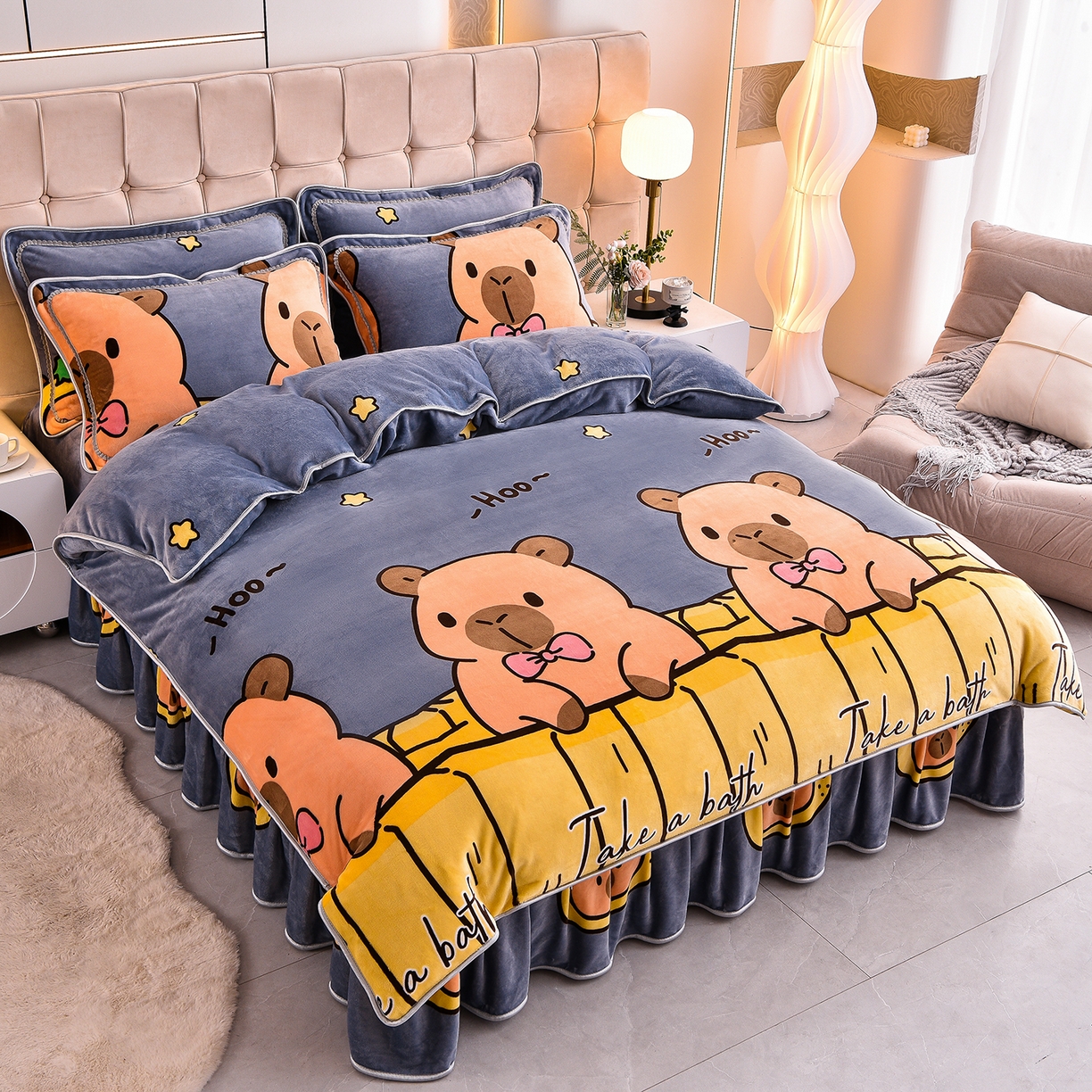 床裙款高克重牛奶绒印花四件套