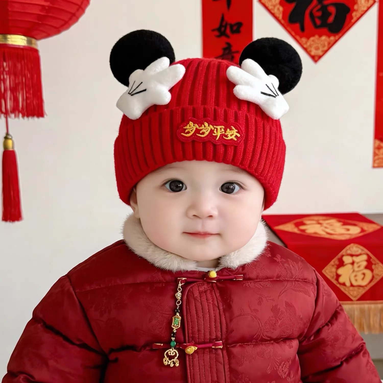 新年喜庆婴儿帽子冬季红色米奇毛线帽小月龄宝宝针织帽保暖护耳帽