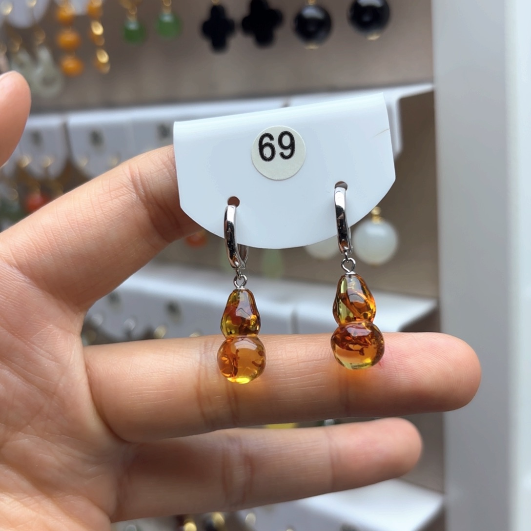 琥珀耳饰银S925镶嵌琥珀