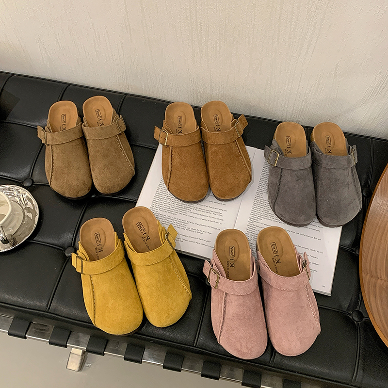 厚底简约勃肯鞋女2025秋冬新款舒适包头拖姜黄百搭懒人博肯钓鱼鞋