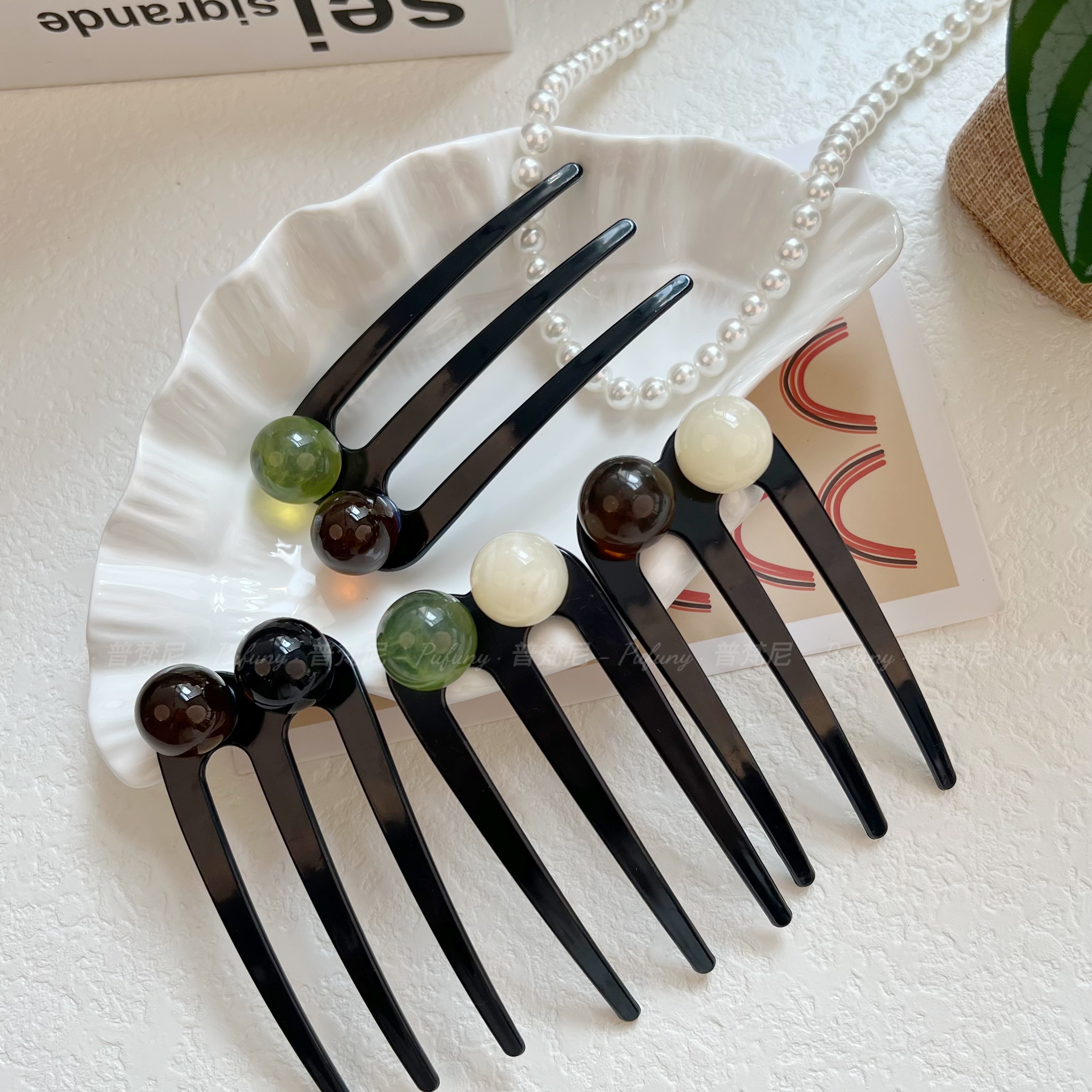 夏季新款贵气简约三齿珠珠发簪 