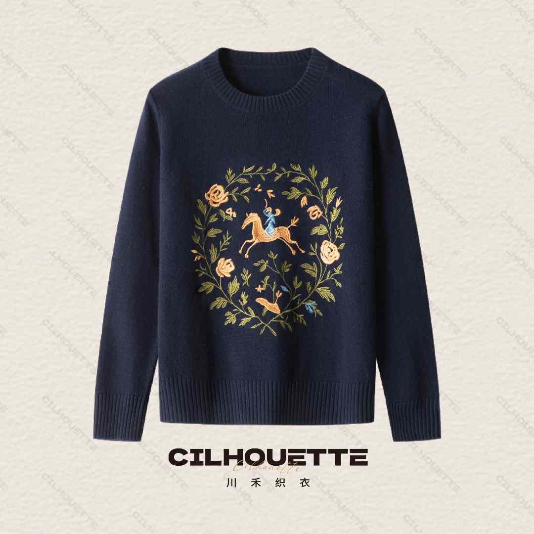 川禾织衣  秋冬宫廷风重工刺绣圆领长袖羊毛针织打底保暖针织衫