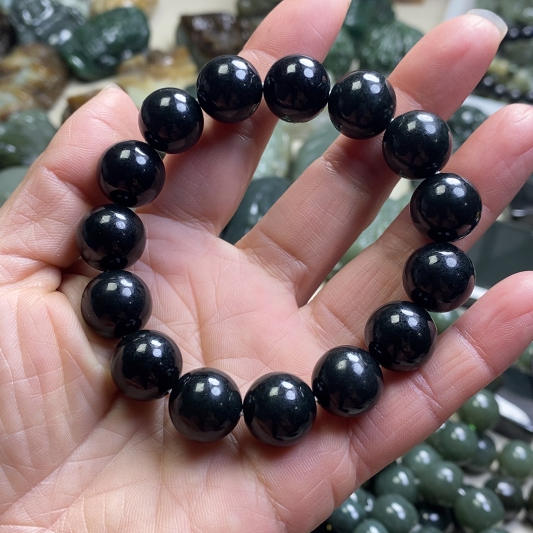 流***风和田玉未镶嵌手链新疆和田黑青玉卡14圆珠手串