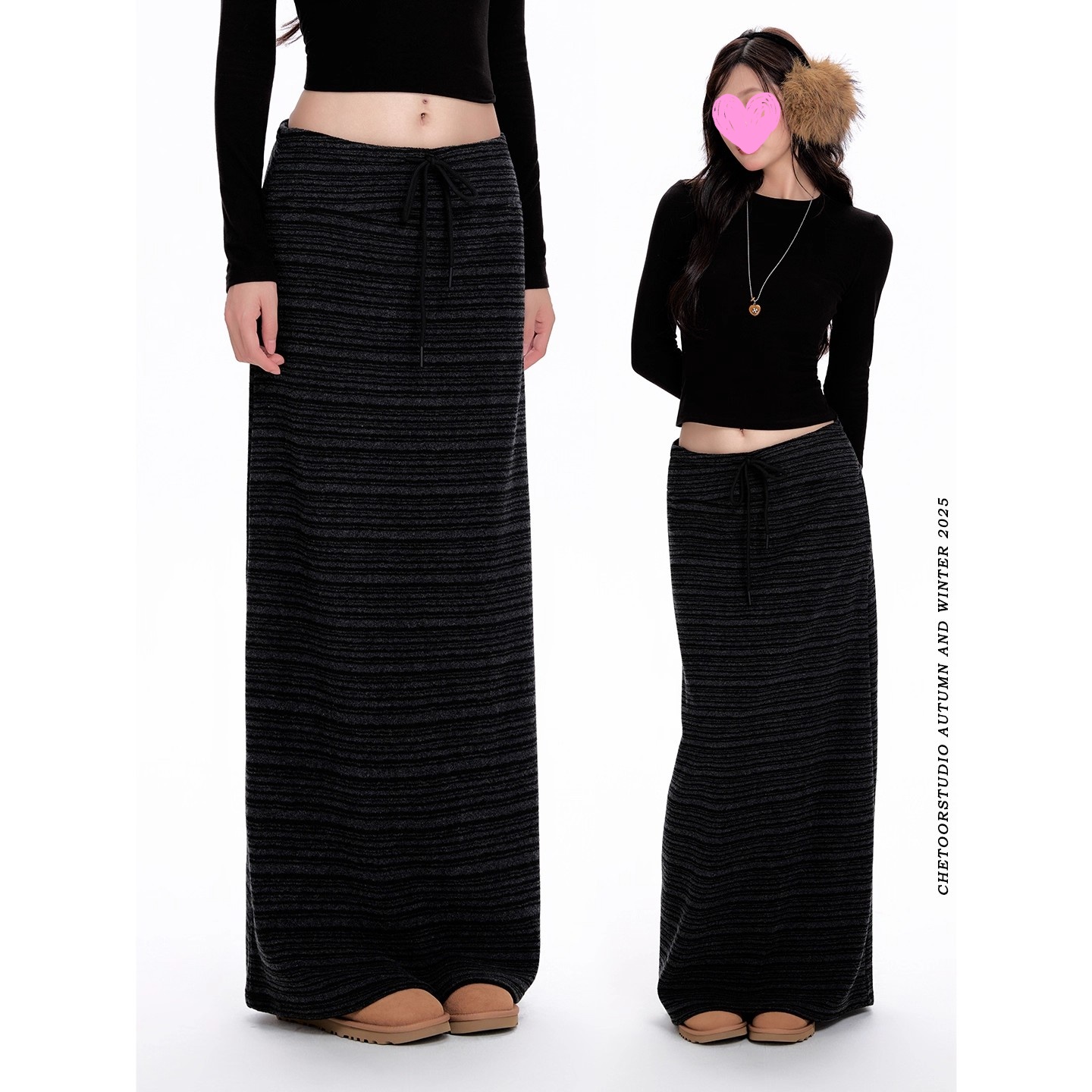 黑色条纹针织保暖长裙2025秋冬新款休闲高腰显瘦抽绳垂感直筒裙女