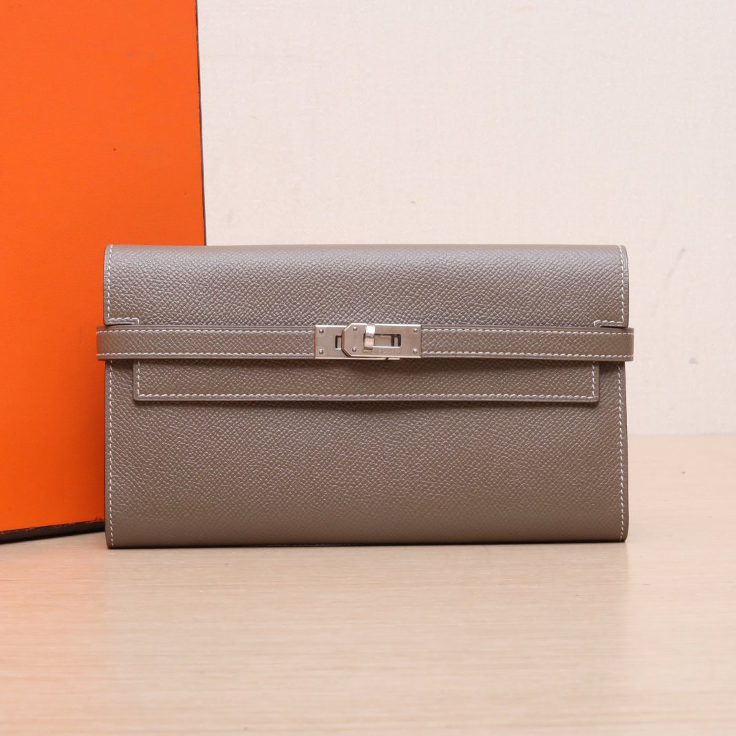 99新 Hermes/爱马仕 小花6枫 Kelly长款钱包大象灰Ep皮 C刻 银扣 