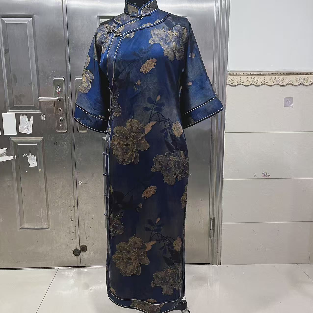 香云纱优雅中国风长裙印花牡丹双层高开衩斜襟衣长130-948441