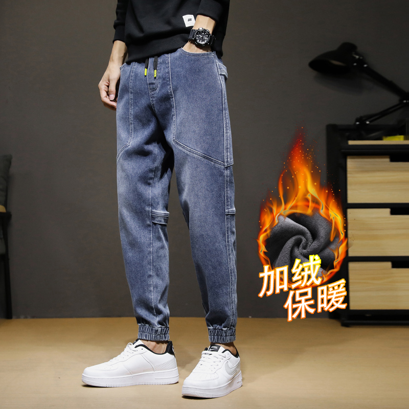 四季通用秋冬男士工装束脚牛仔裤牛仔裤直筒松紧腰