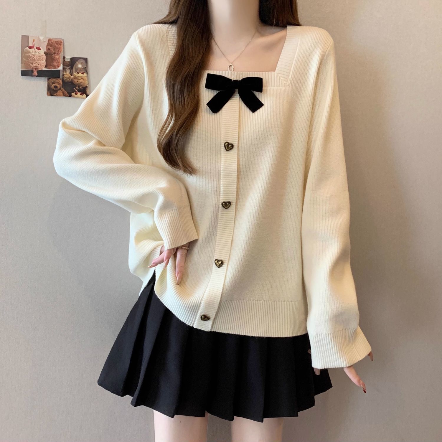 大码女装蝴蝶结方领长袖T恤女春秋2025新款胖mm宽松显瘦遮肉上衣