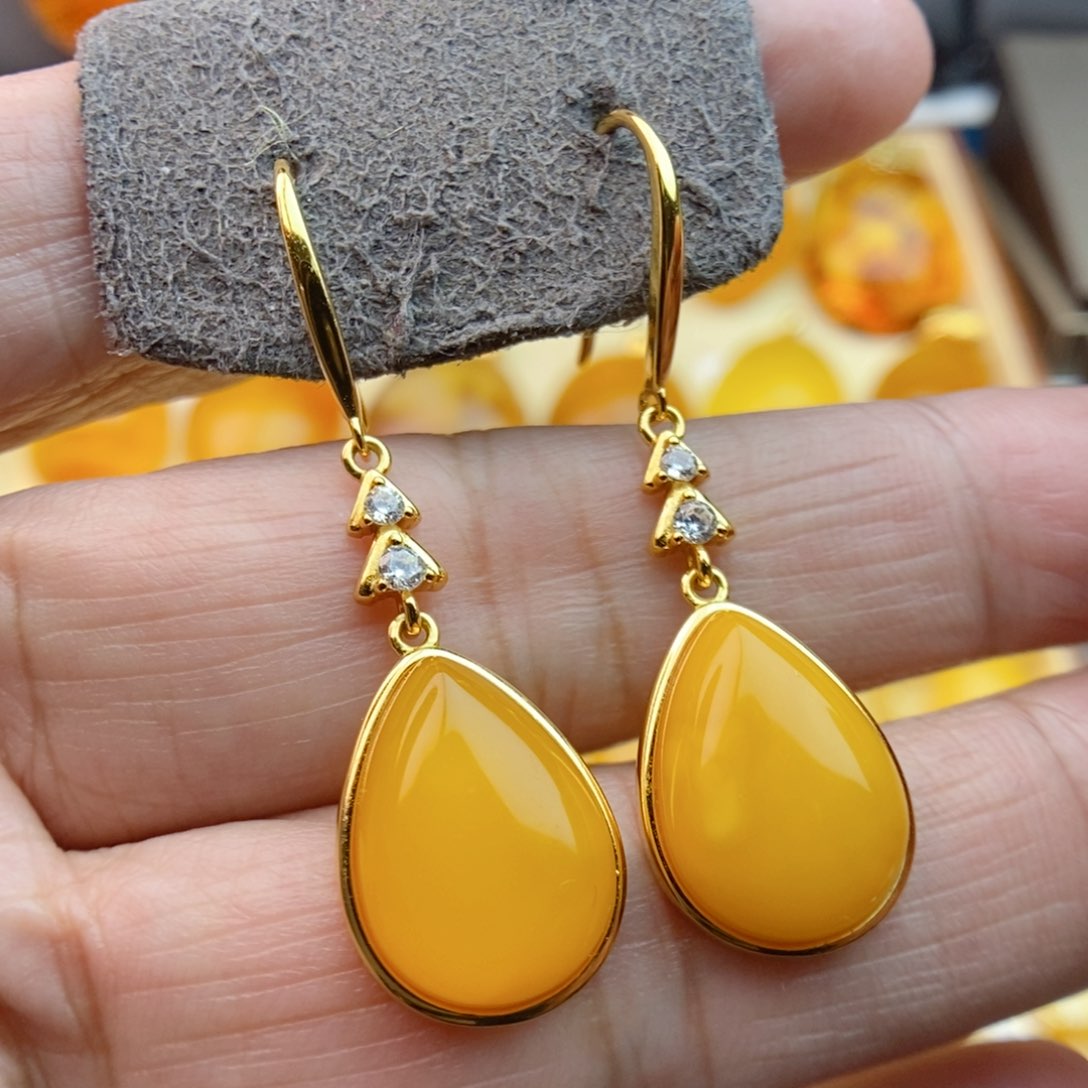 琥珀耳饰银S925镀金镶嵌