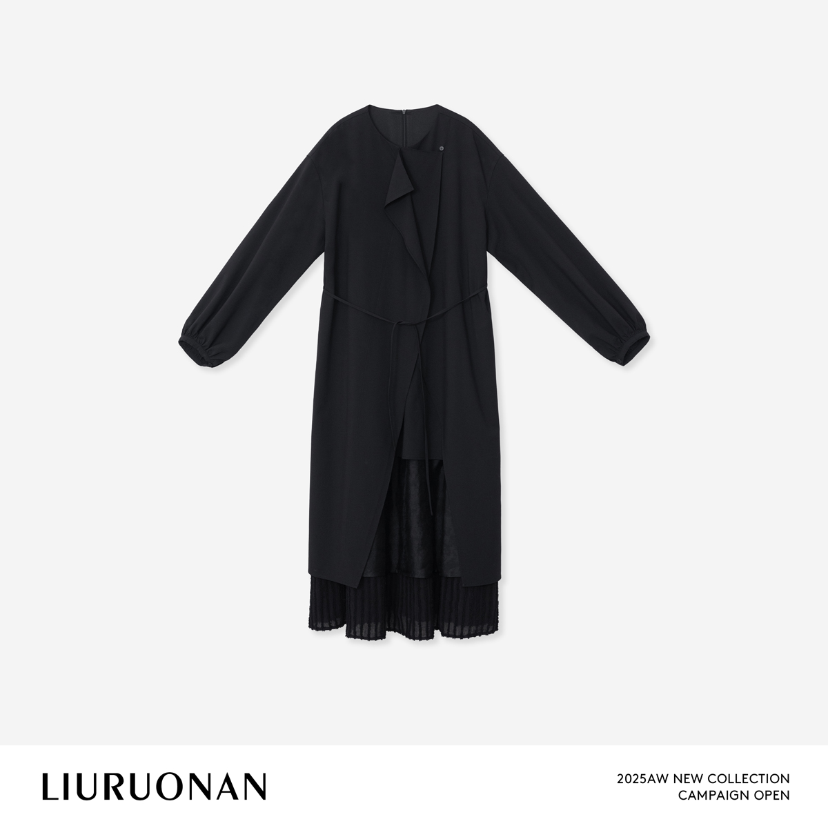 LIURUONAN 25WIN【黑兰】圆领不规则飘叶拼接裙摆中长款连衣裙