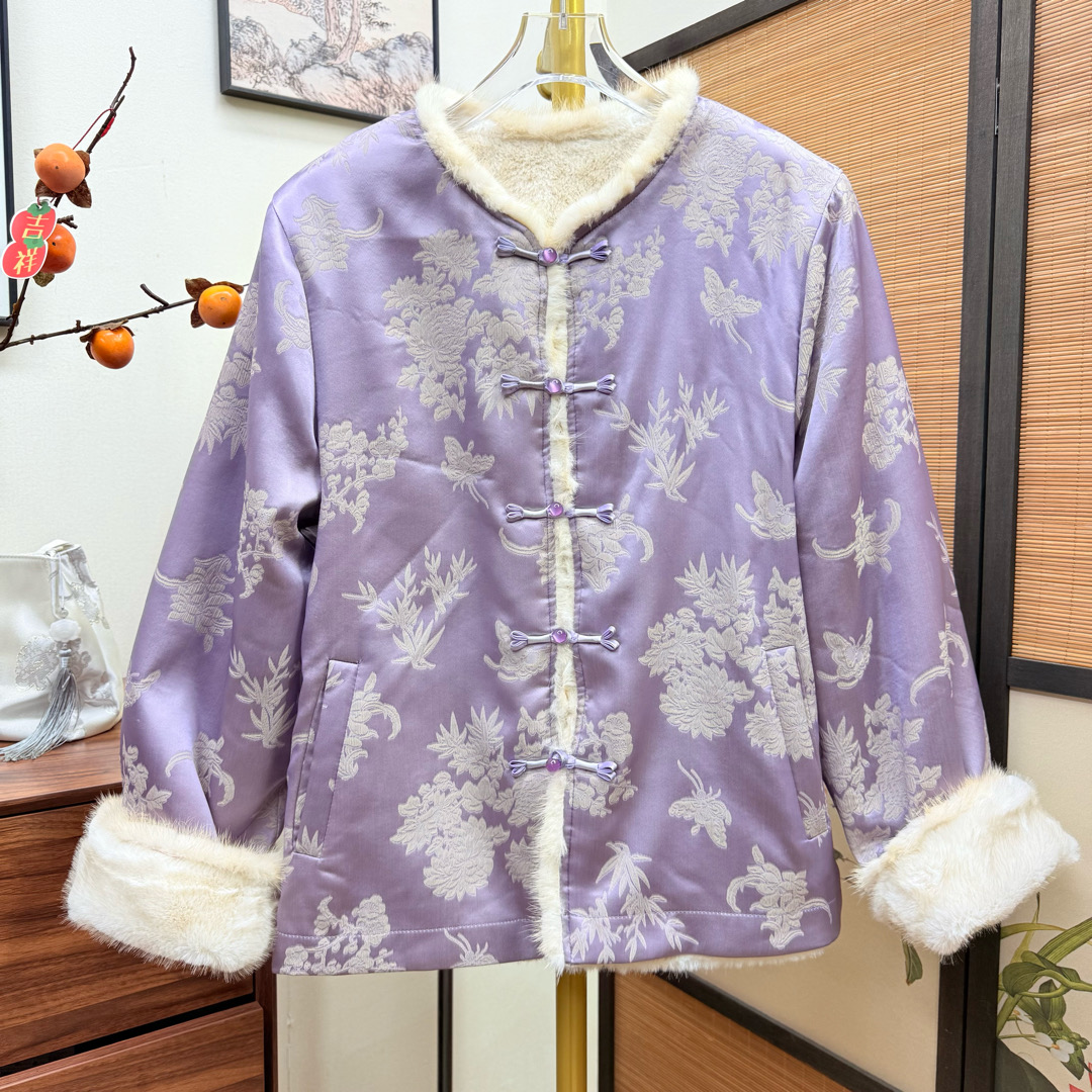 女士冬季复古正肩袖女立领短外套新中式双面紫色保暖