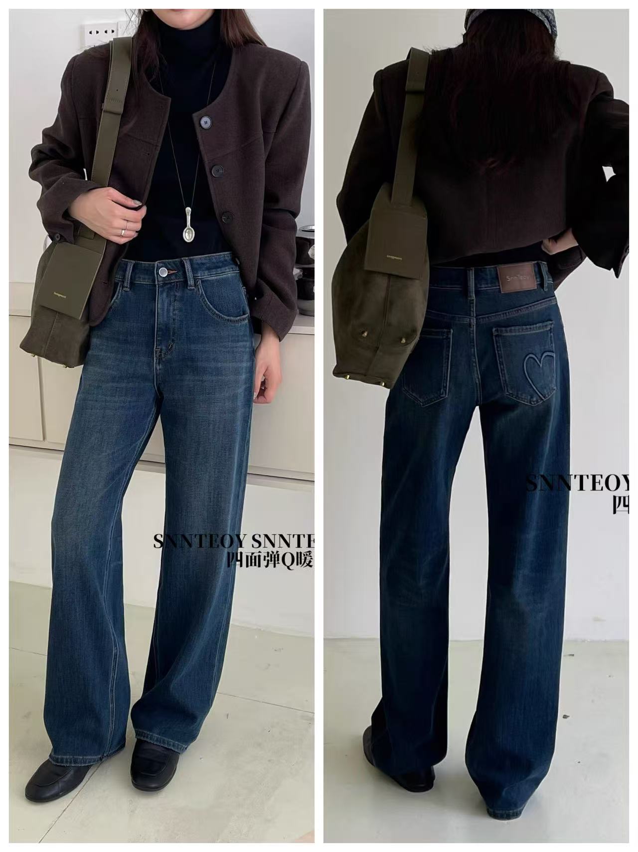 加绒）心动复古蓝！秋冬限定色系！做到了跟单裤一样显瘦！直筒拖地裤