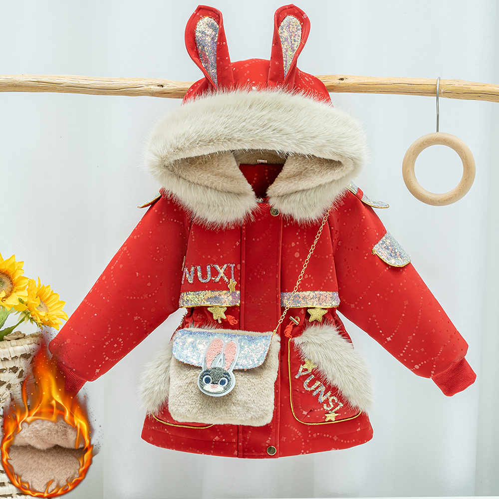 亲子装冬季新款女童加绒加厚卡通年服外套母女装韩版中长款派克服