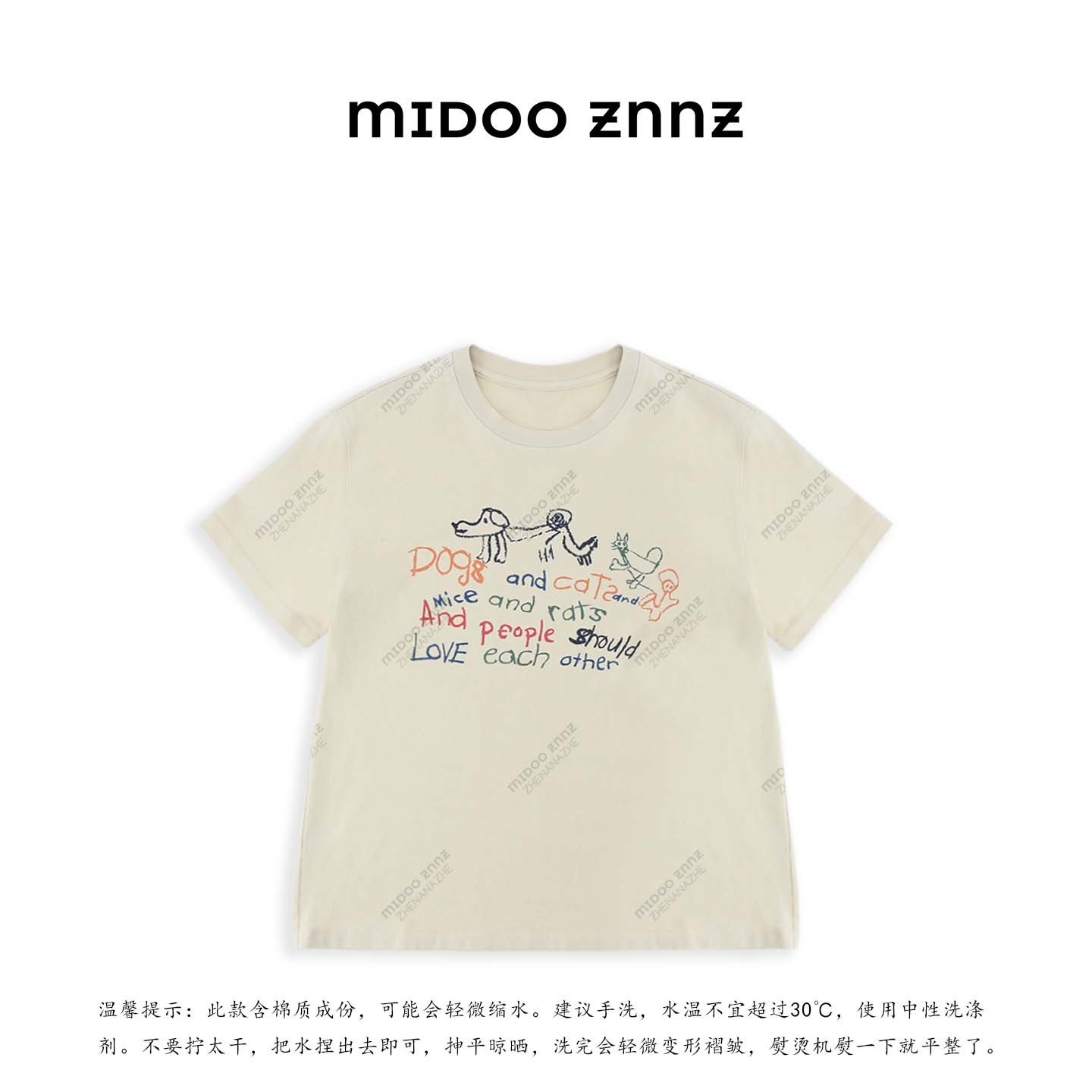 MIDOO ZNNZ 全棉涂鸦派对刺绣印花做旧圆领短袖12034M