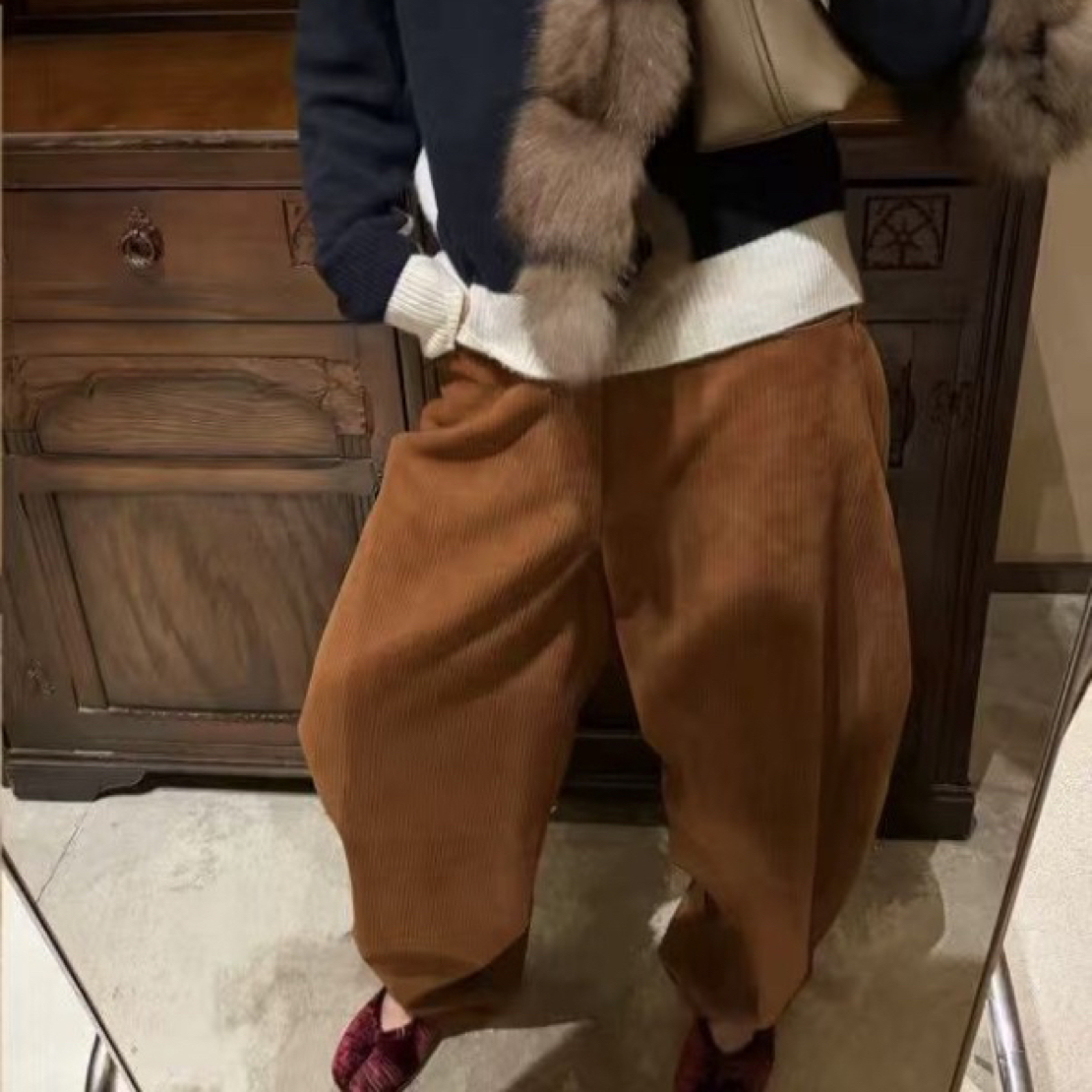 XIHaokan 压纹绒面羊皮廓形长裤