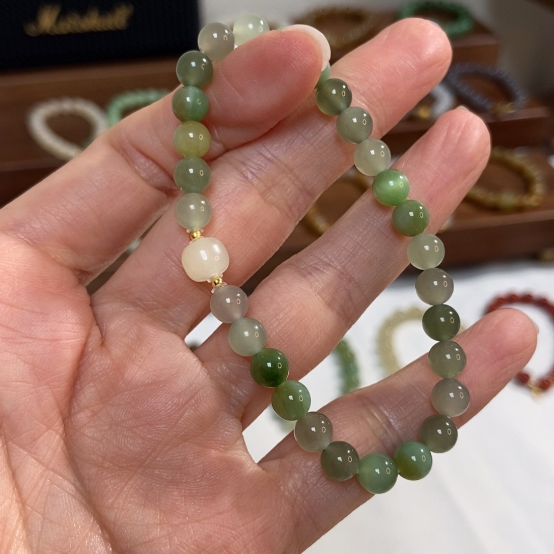 和田玉银S925镶嵌手链福利6mm双拼