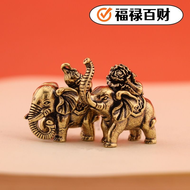 复古实心纯黄铜办公桌面车载小摆件福禄百财大象茶宠办公桌面摆件