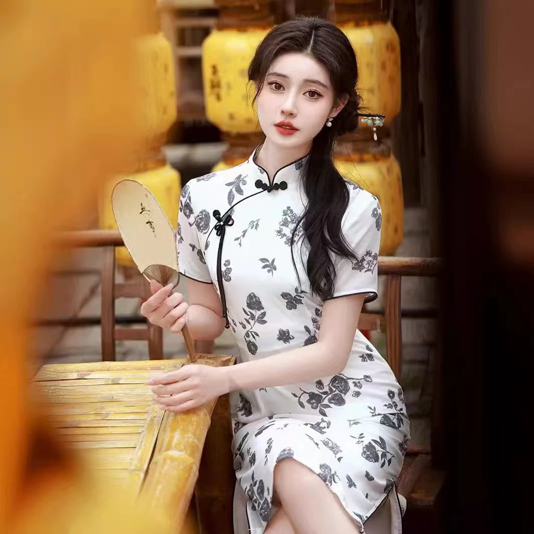 （869）夏款 双色 中长款改良旗袍 双层 长度约105cm 改良版显瘦