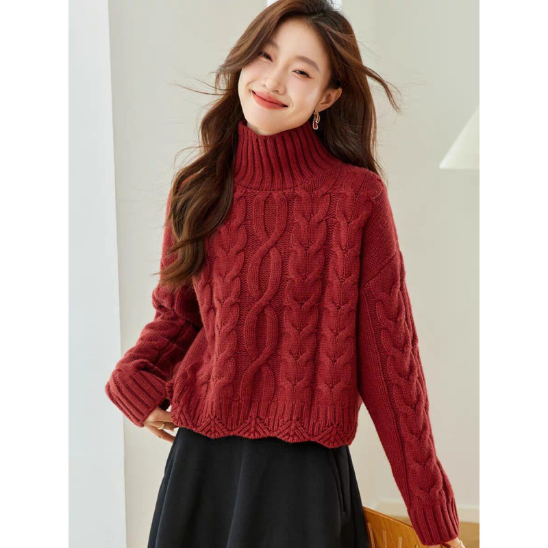 LY3740复古麻花高领女秋冬外穿慵懒风宽松短款毛衣打底衫