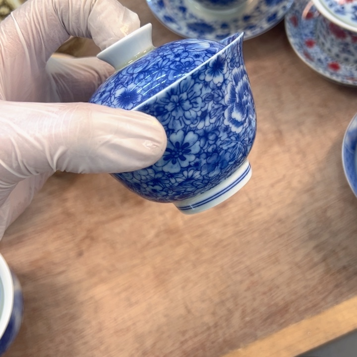 瓷片白青花万花云池盖碗两才