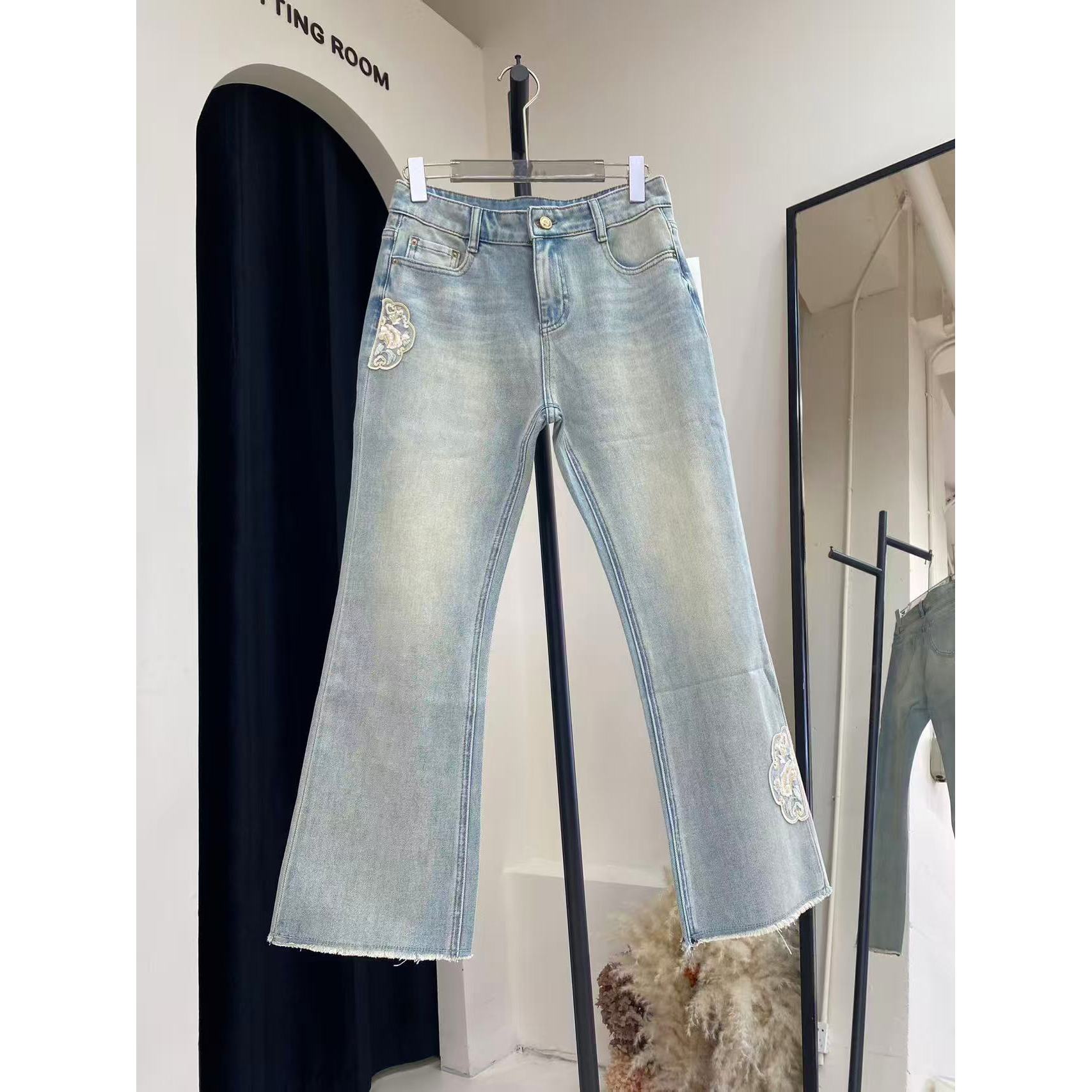 【M。C米尺】国风刺绣微喇牛仔裤33175
