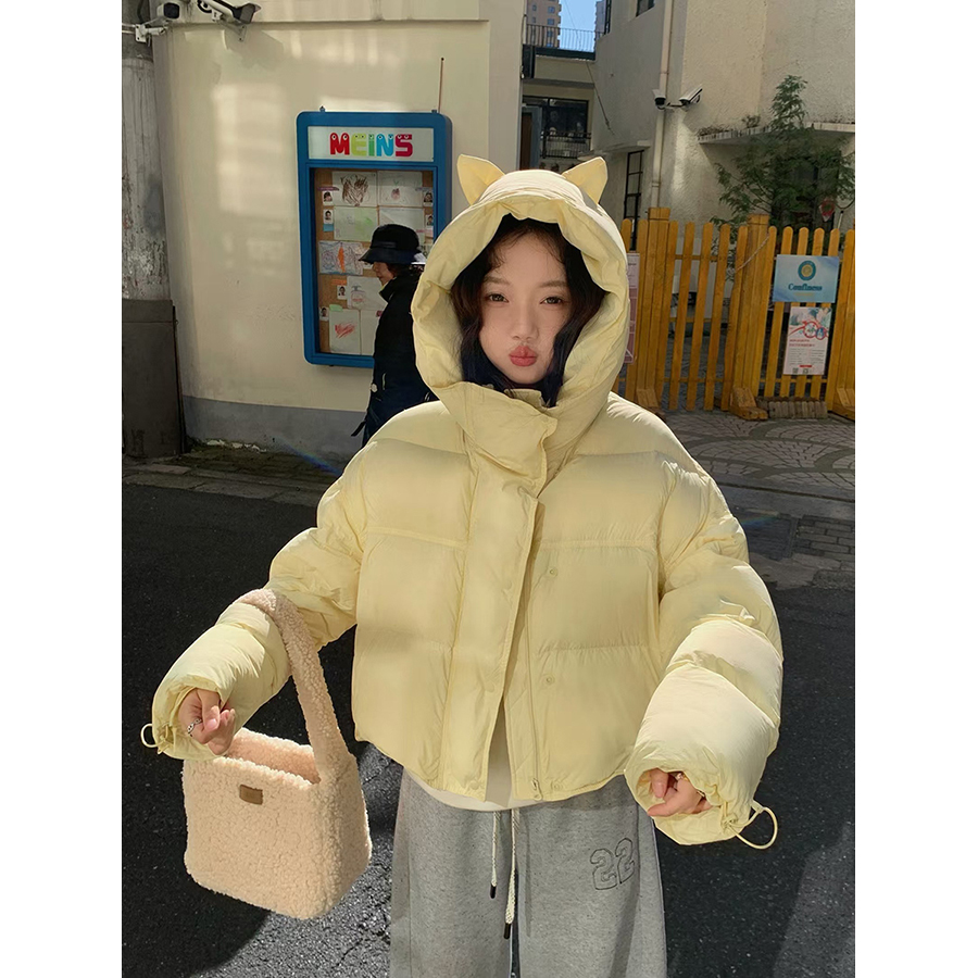【冬季大促】张贝贝设计感减龄猫耳保暖连帽短款90白鸭绒羽绒服