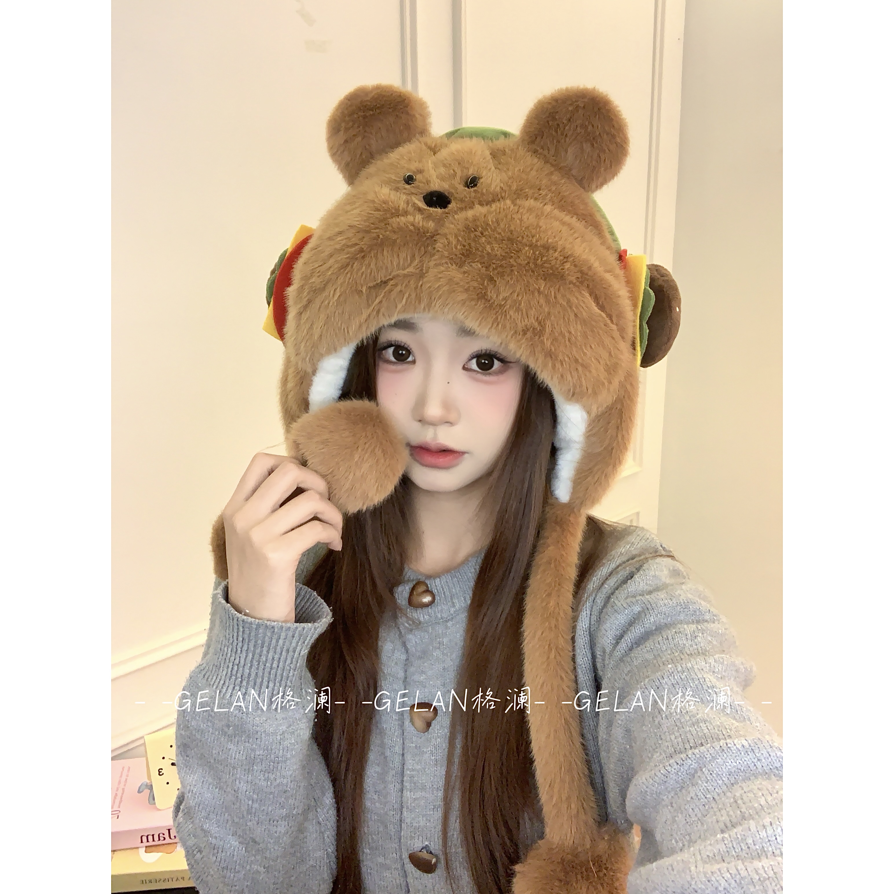 帽子女2025新款爆款洋气可爱汉堡小熊帽子显脸小毛绒帽子