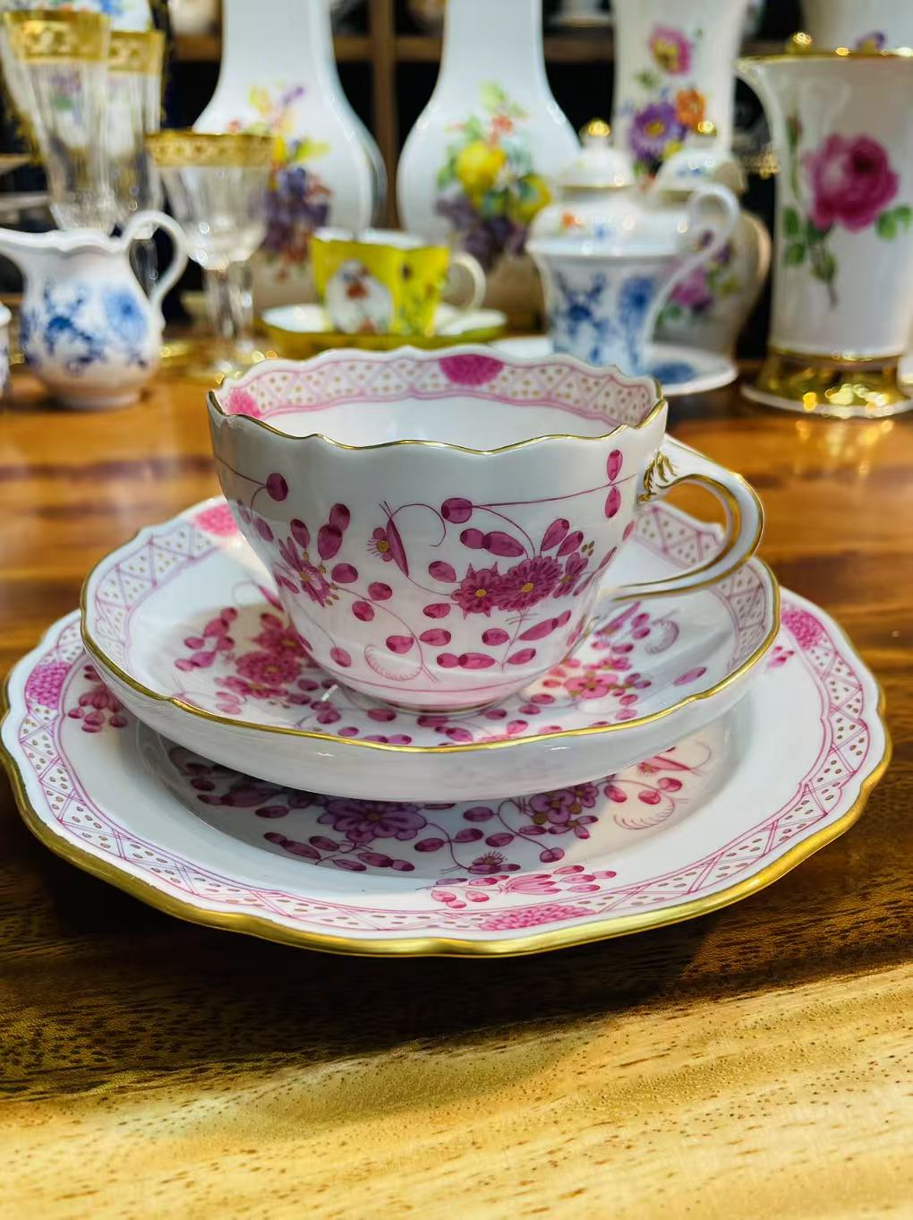 中古梅欧瓷梅森Meissen红色印度繁花下午茶咖啡杯红茶杯大杯一等