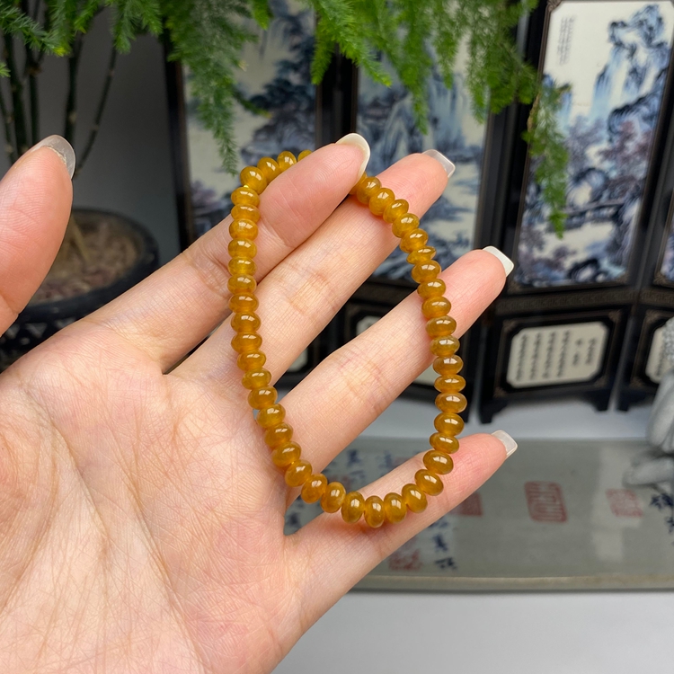 冰黄翡灯笼算盘珠手链 天然翡翠A货 