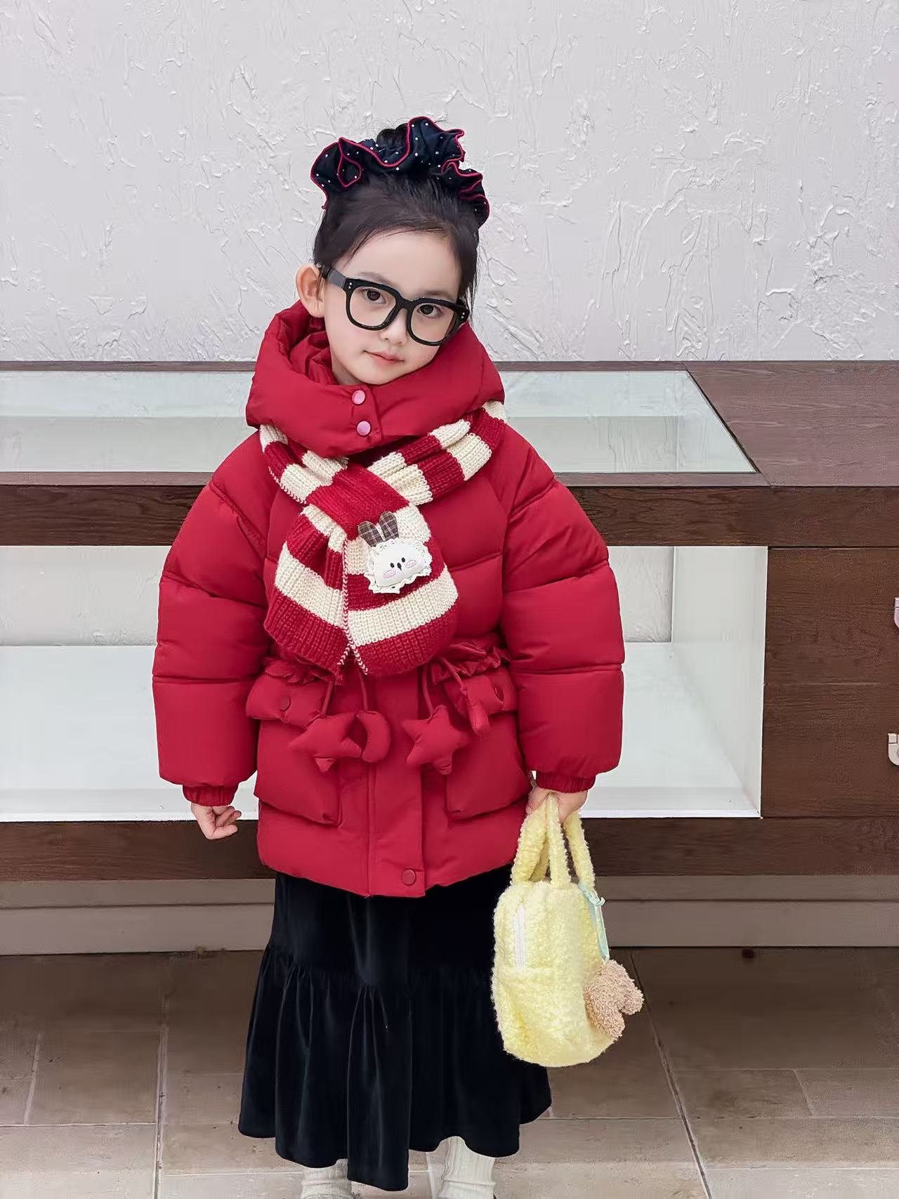 公主风拉链冬季棉衣童装棉服加绒加厚围巾款女宝童装