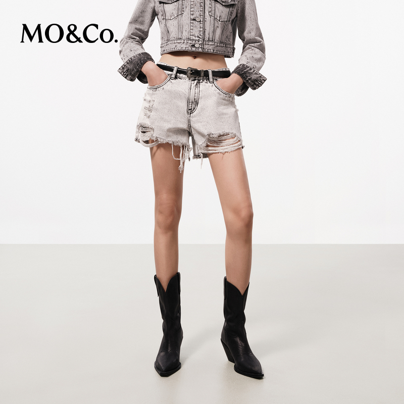 【粉丝专享】MOCO夏洗磨褪色手磨破洞精裁中腰棉质牛仔MBD2SOT009
